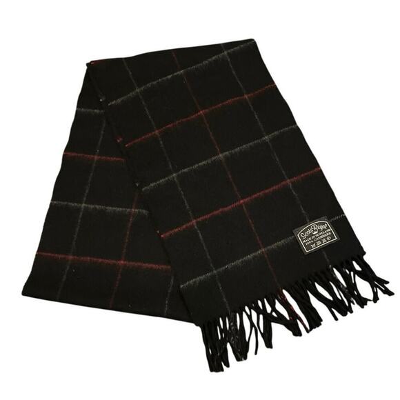 Scots Regal 100% Cashmere Scarf Black Gray Red Plaid Fringe Made in Scotland - Picture 1 of 3